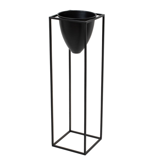 large matt black bullet planter on black frame