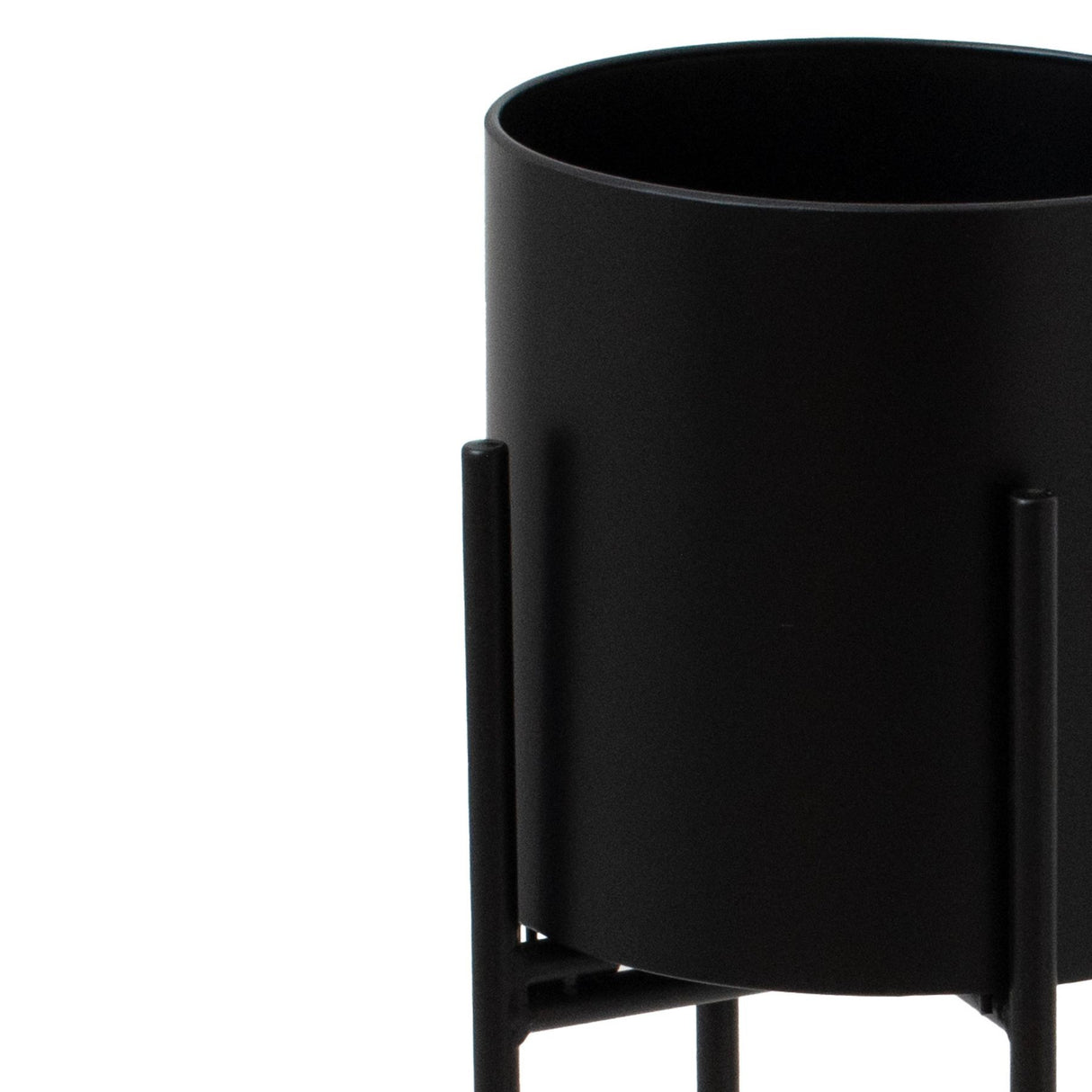 matt black cylindrical planter on black frame