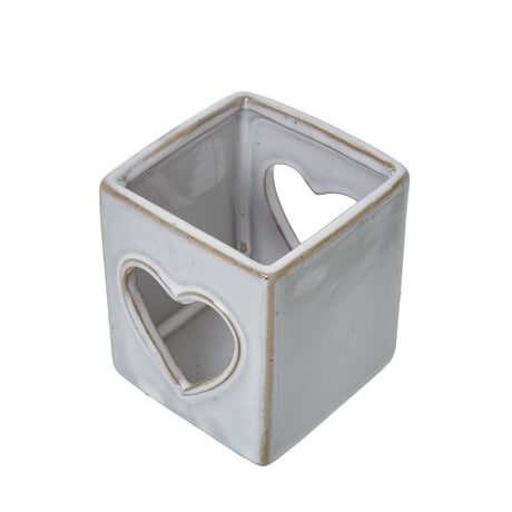white ceramic heart cut out square tealight holder