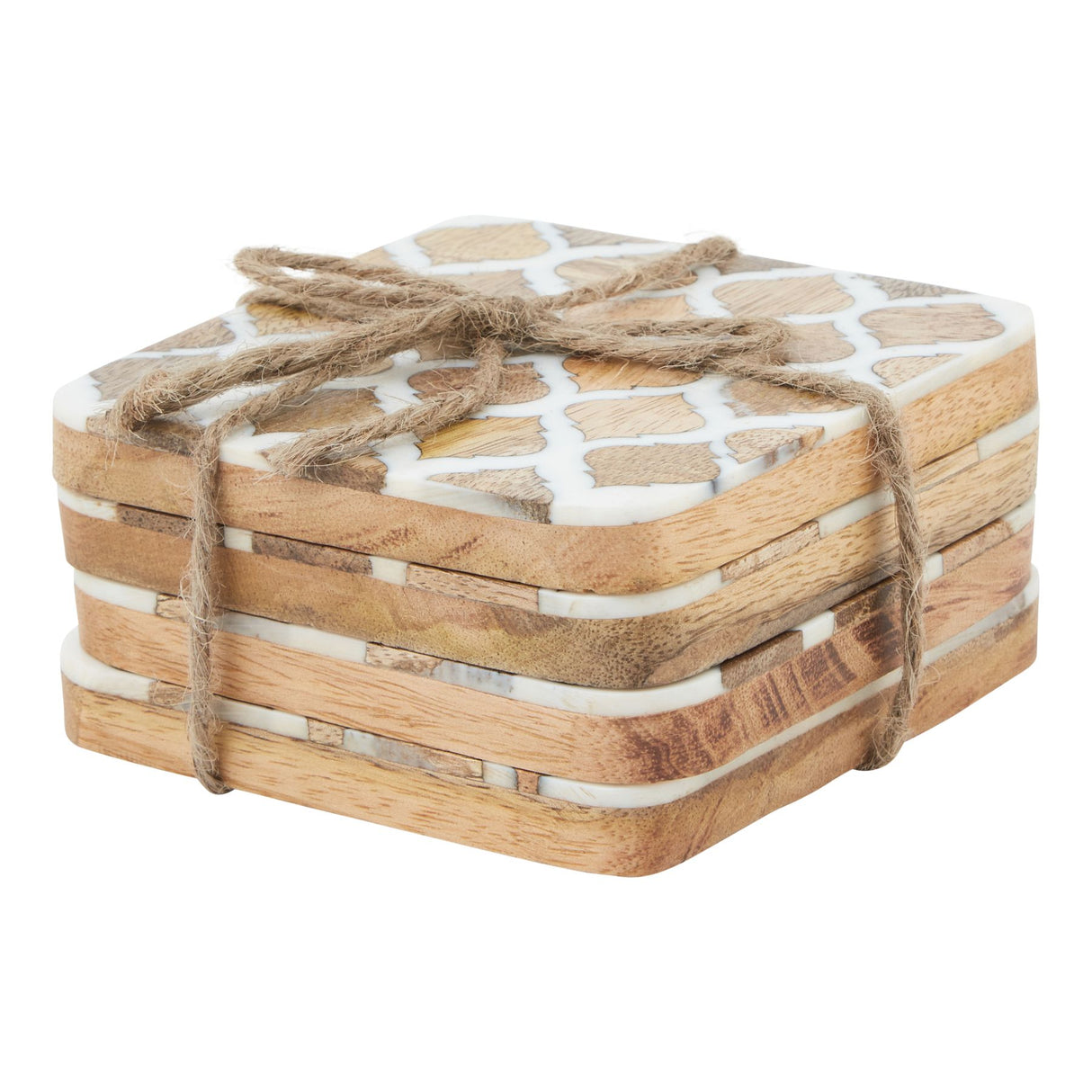 Fabienne Set Of 4 Wood Effect White Geometric Coasters