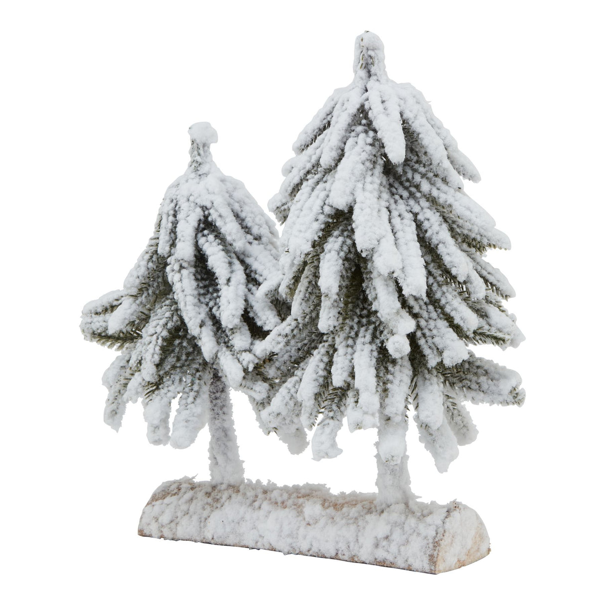 small snowy fir tree duo on wood log