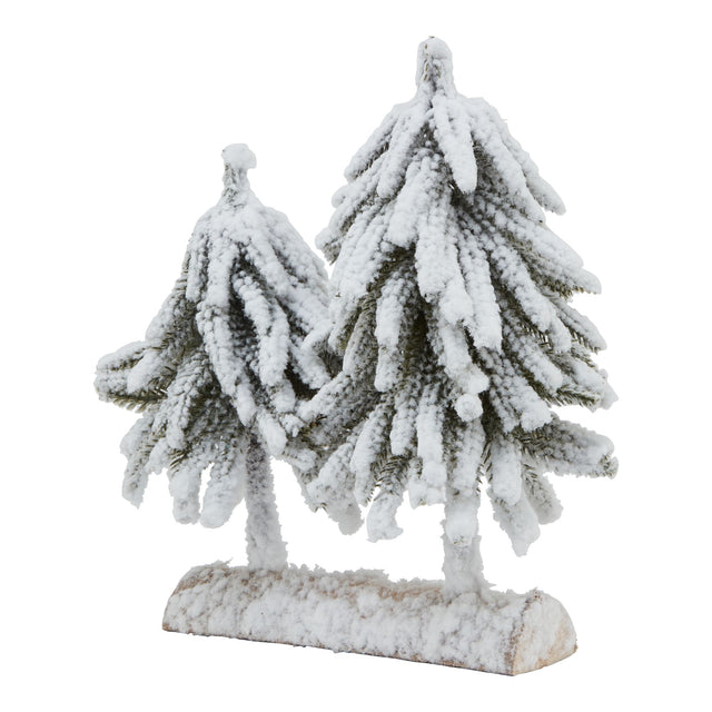 small snowy fir tree duo on wood log