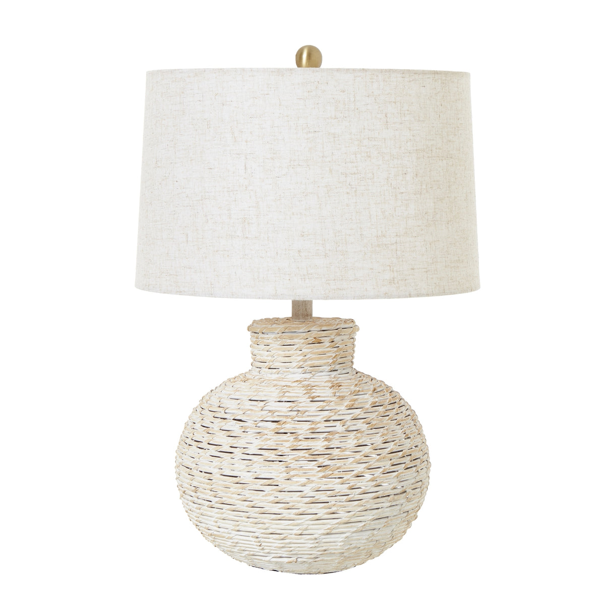 white wash bulbous wicker table lamp with linen shade