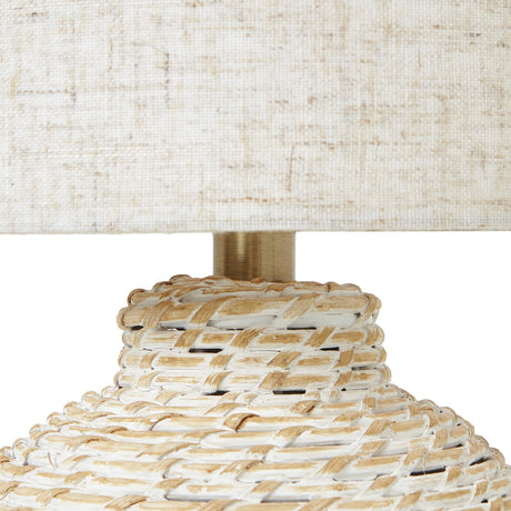white wash small bulbous wicker table lamp with linen shade