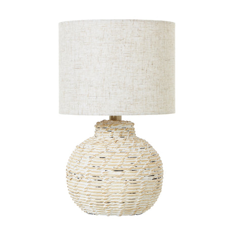 white wash small bulbous wicker table lamp with linen shade