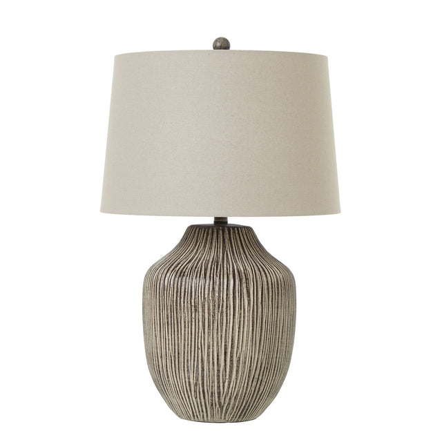ochre carved textured table lamp with linen shade
