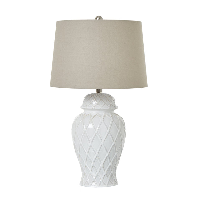 white ceramic ginger jar lamp with linen shade