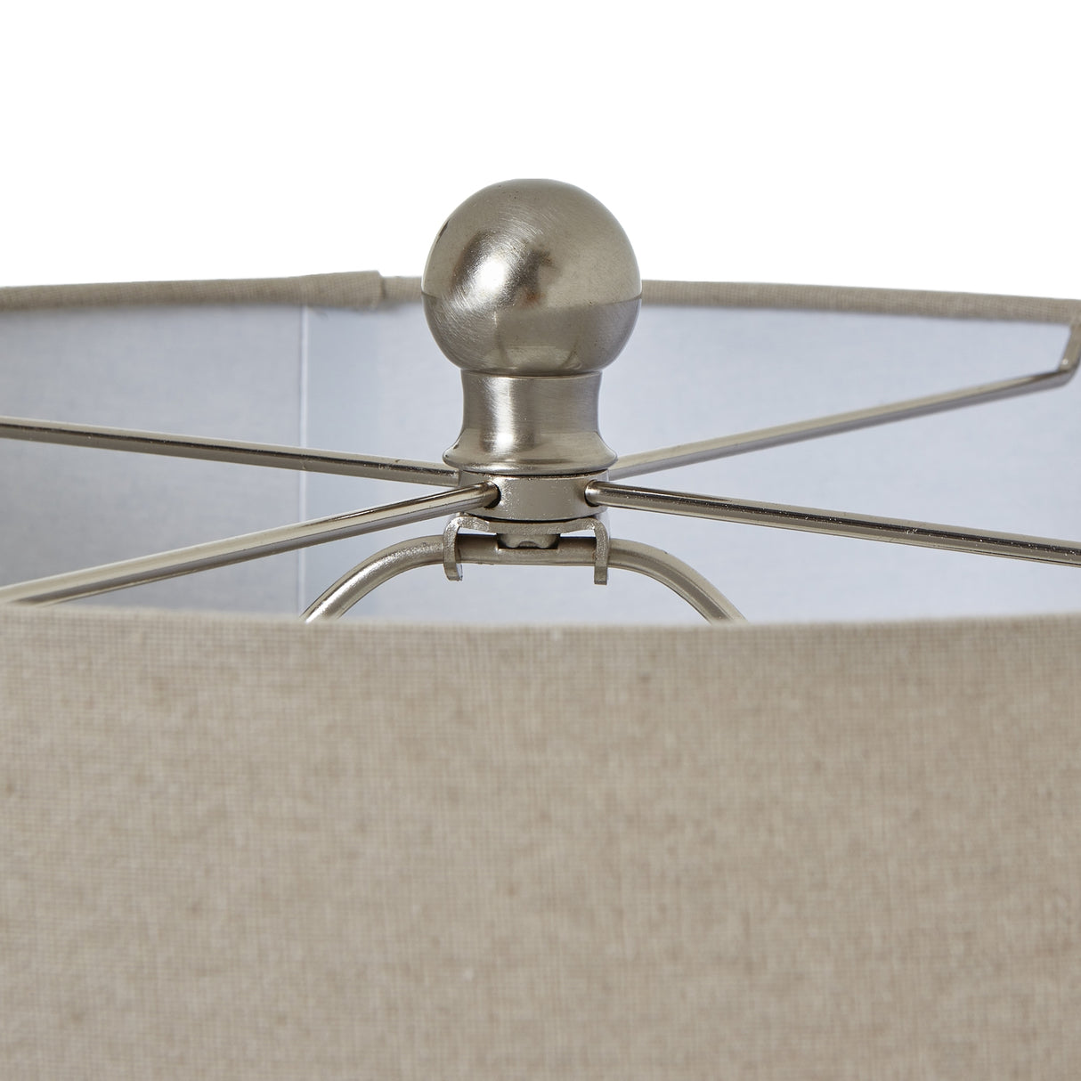 squat white beaded ceramic lamp with linen shade