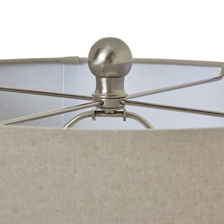 squat white beaded ceramic lamp with linen shade