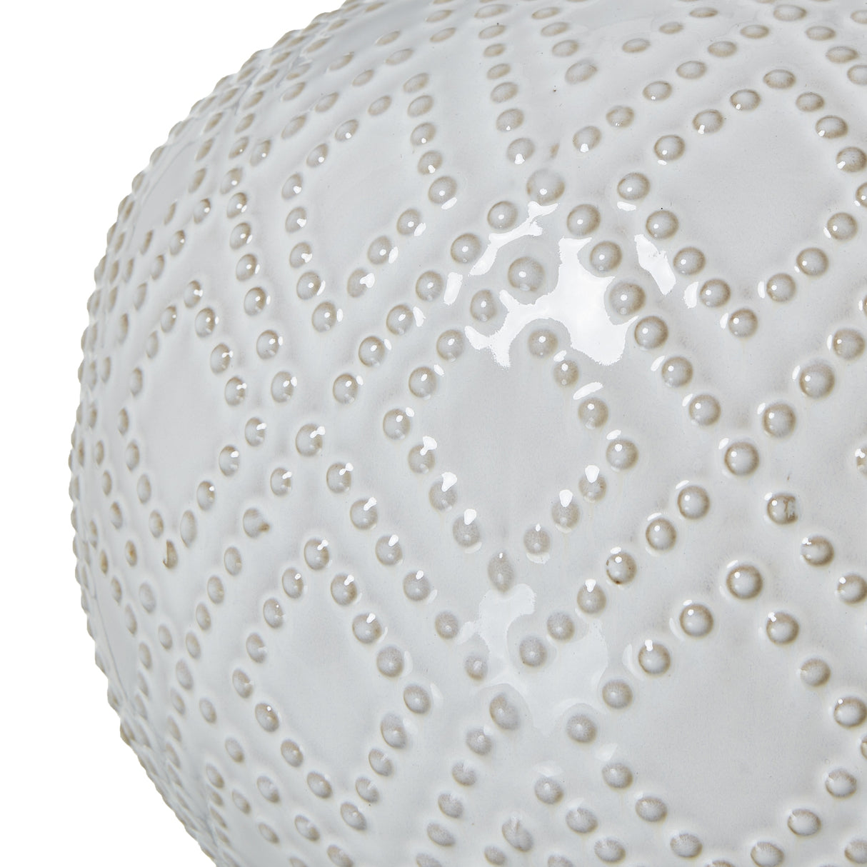 squat white beaded ceramic lamp with linen shade