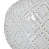 squat white beaded ceramic lamp with linen shade