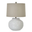 squat white beaded ceramic lamp with linen shade