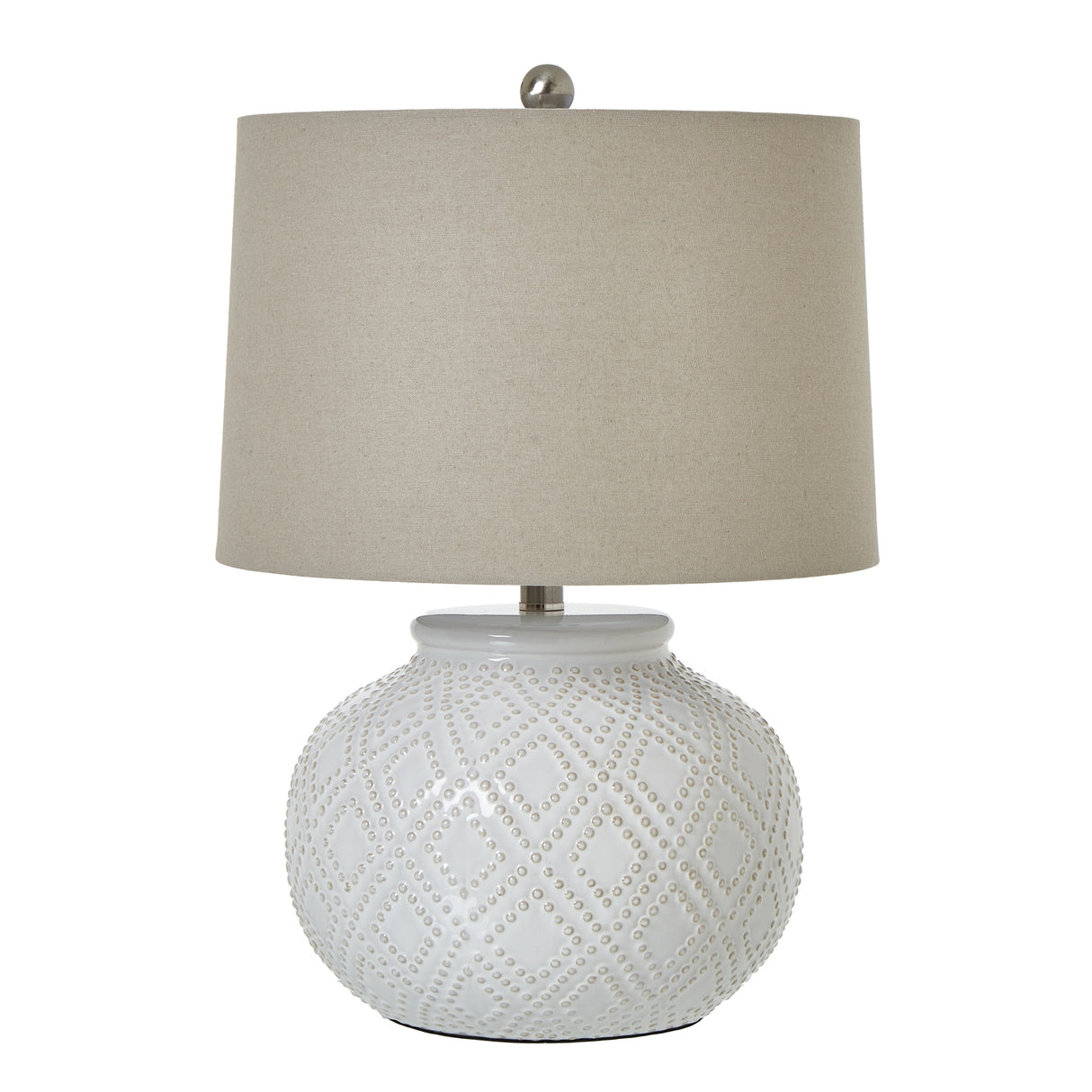 squat white beaded ceramic lamp with linen shade