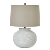 squat white beaded ceramic lamp with linen shade