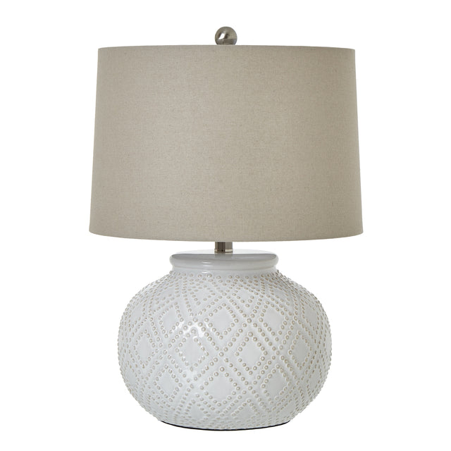 squat white beaded ceramic lamp with linen shade