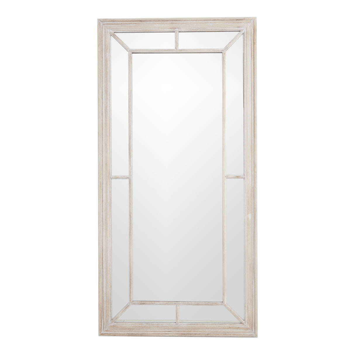 large washed wood framed window mirror