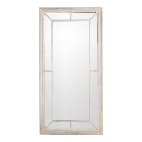 large washed wood framed window mirror