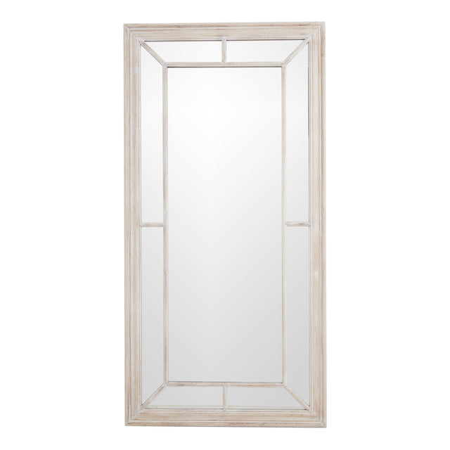 large washed wood framed window mirror
