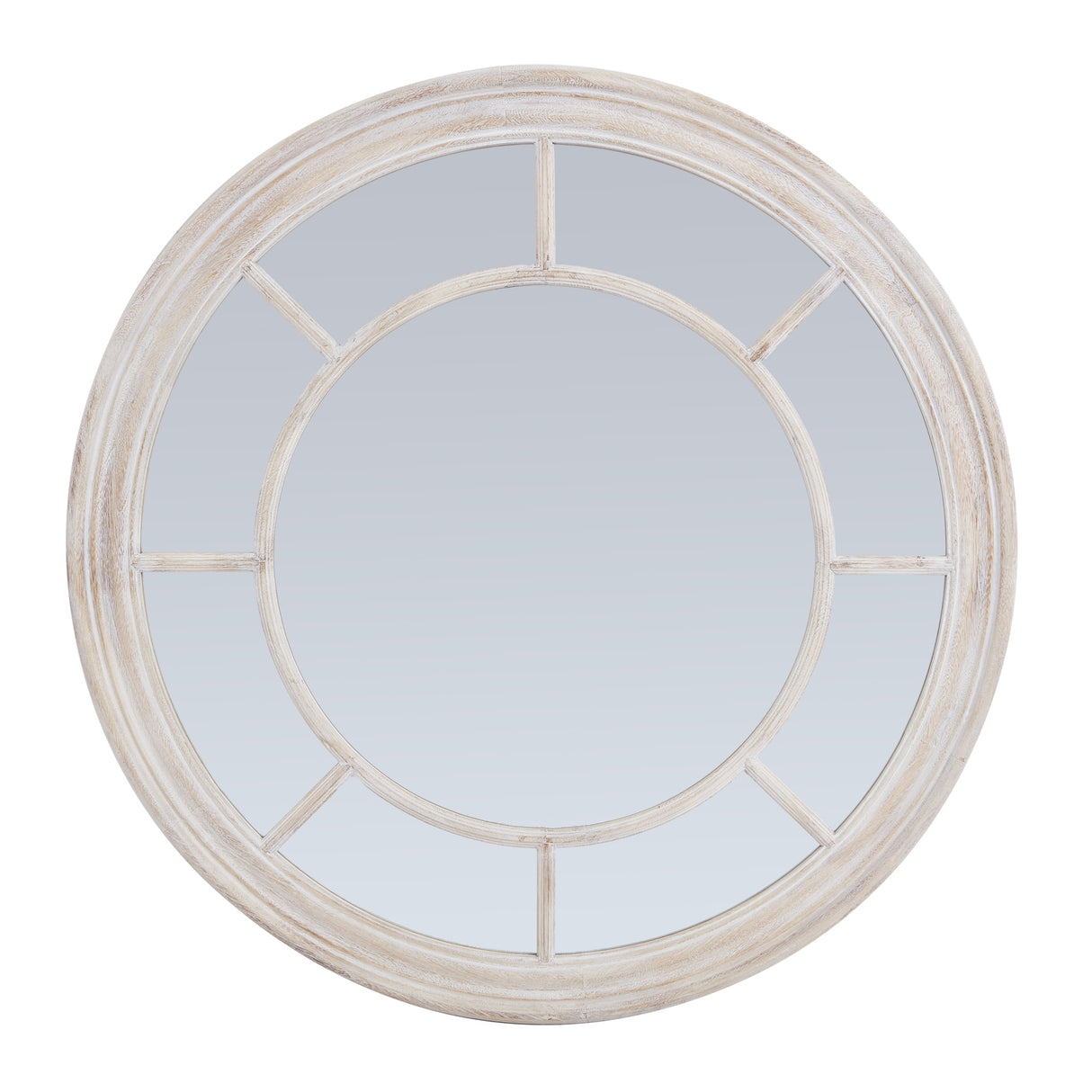 washed wood framed round mirror