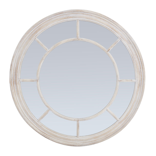 washed wood framed round mirror