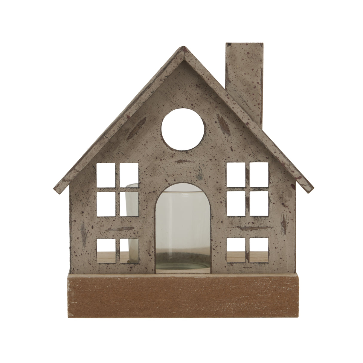 Amicie Metal House Tealight On Wood Stand With Glass Votive