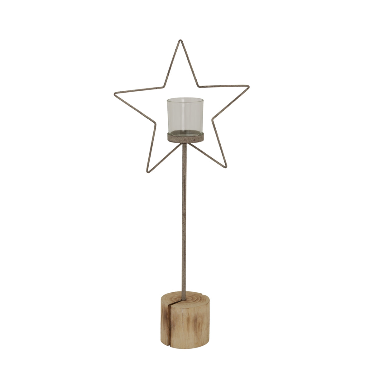 Eloise Large Natural Rustic Star On Wood Stand With Glass Votive