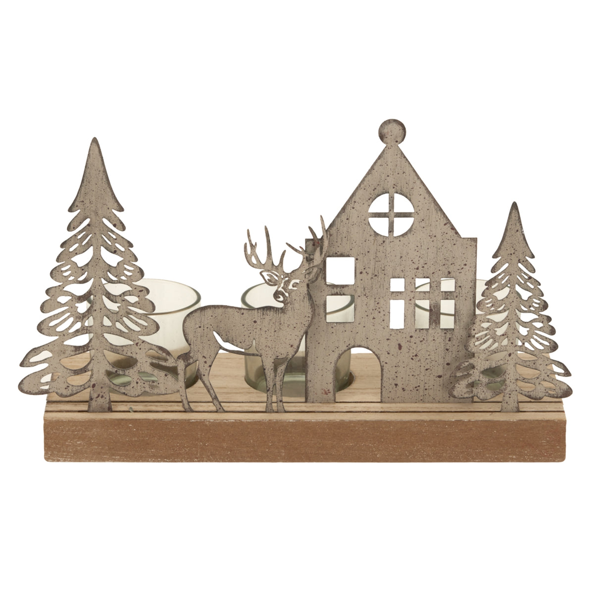 Amelia Metal Scene Tealight On Wood Stand With Glass Votives