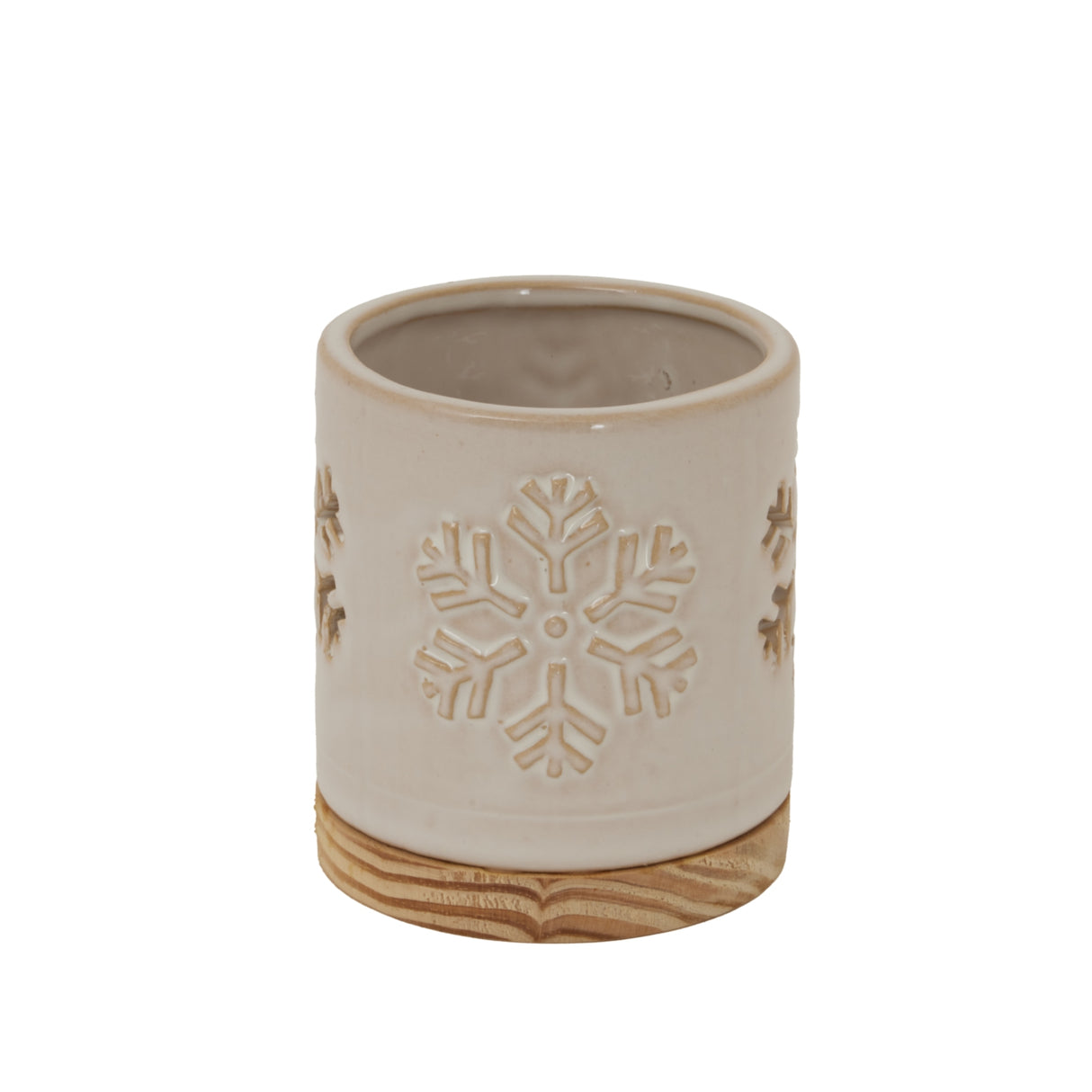 Oriane Ceramic Snowflake Candle Holder On Wood Base