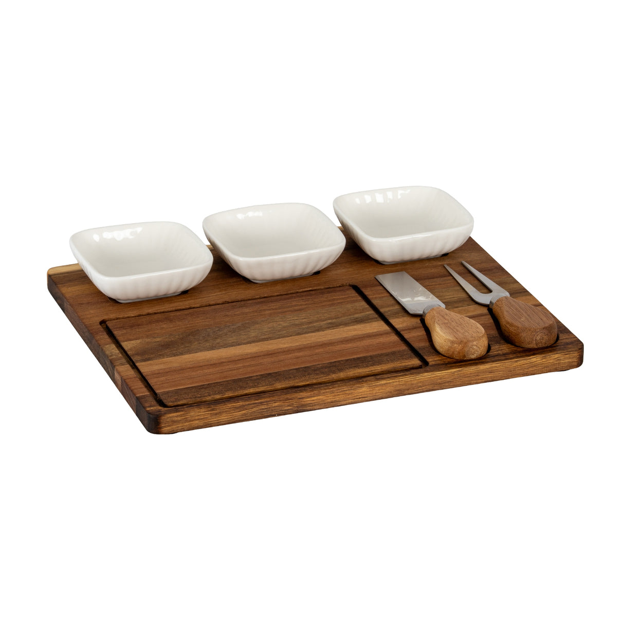 Adeline Acacia Cheese Board Set With White Ceramic Bowls and Cutlery