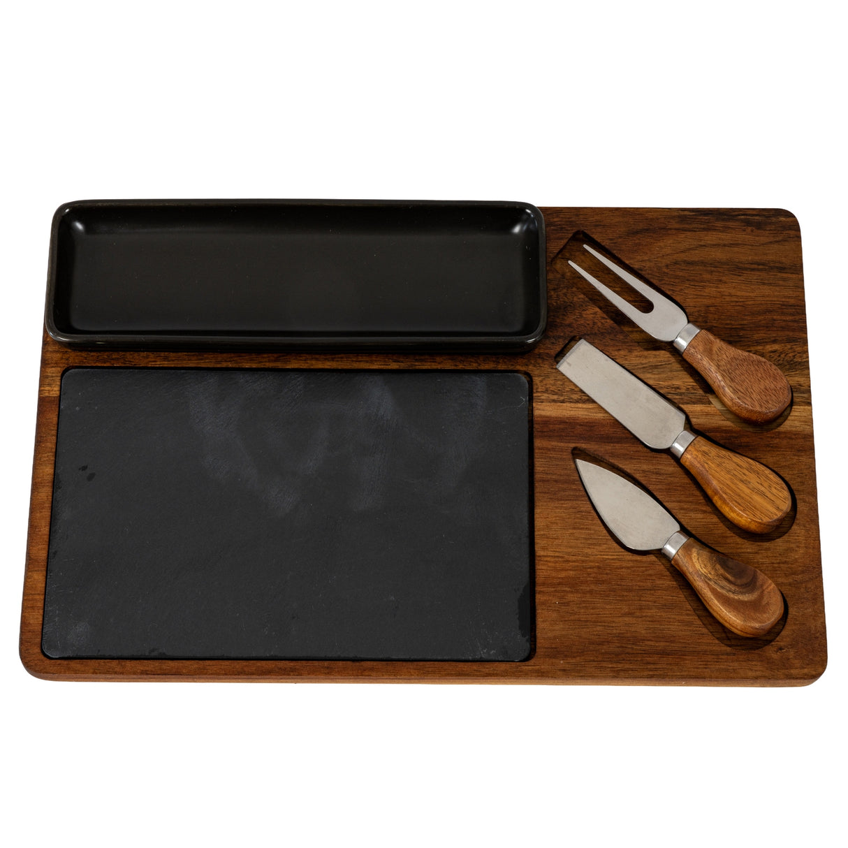 Clemence Acacia Cheese Board Set With Grey Bowl, Slate and Cutlery