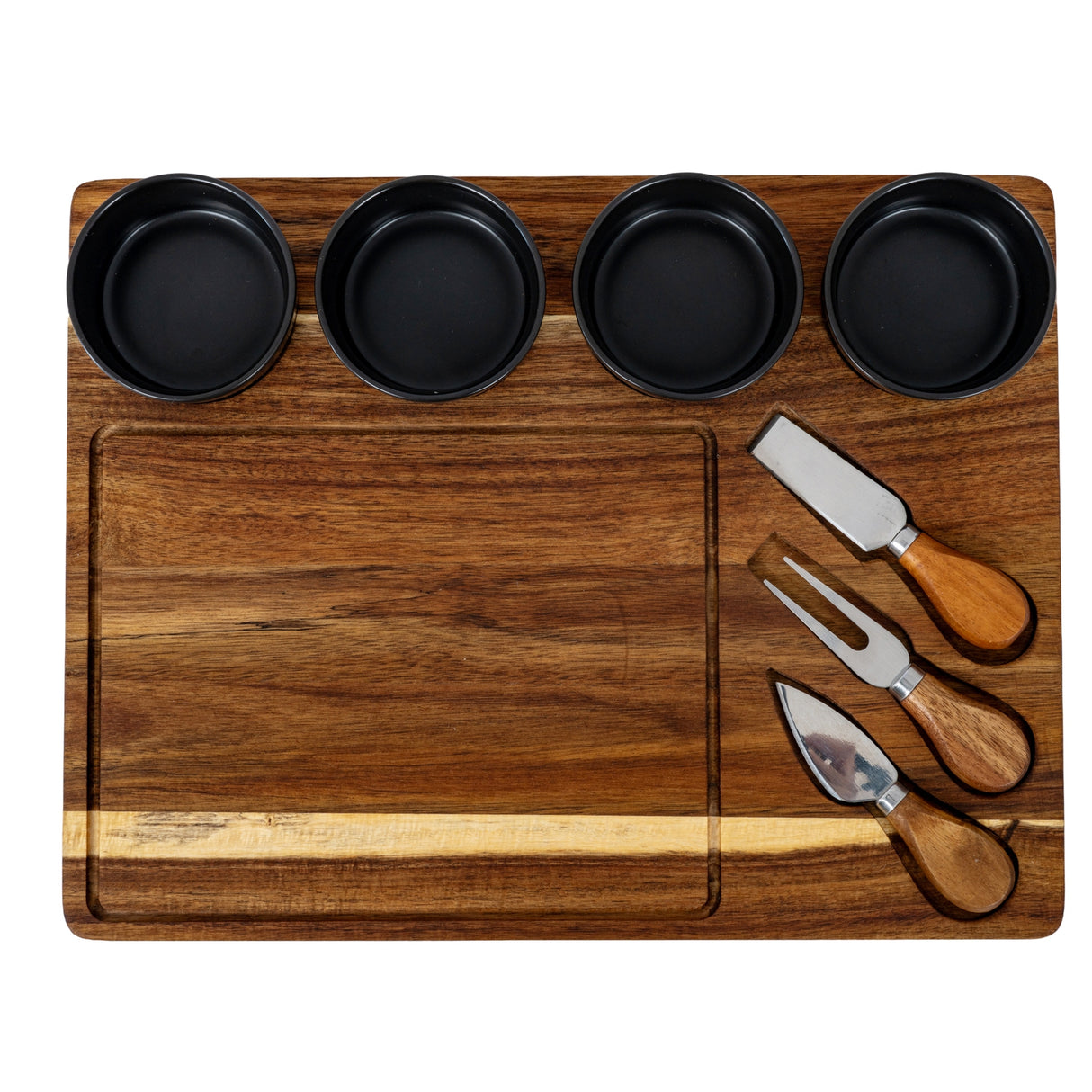 Juliette Acacia Cheese Board Set With Grey Ceramic Bowls and Cutlery