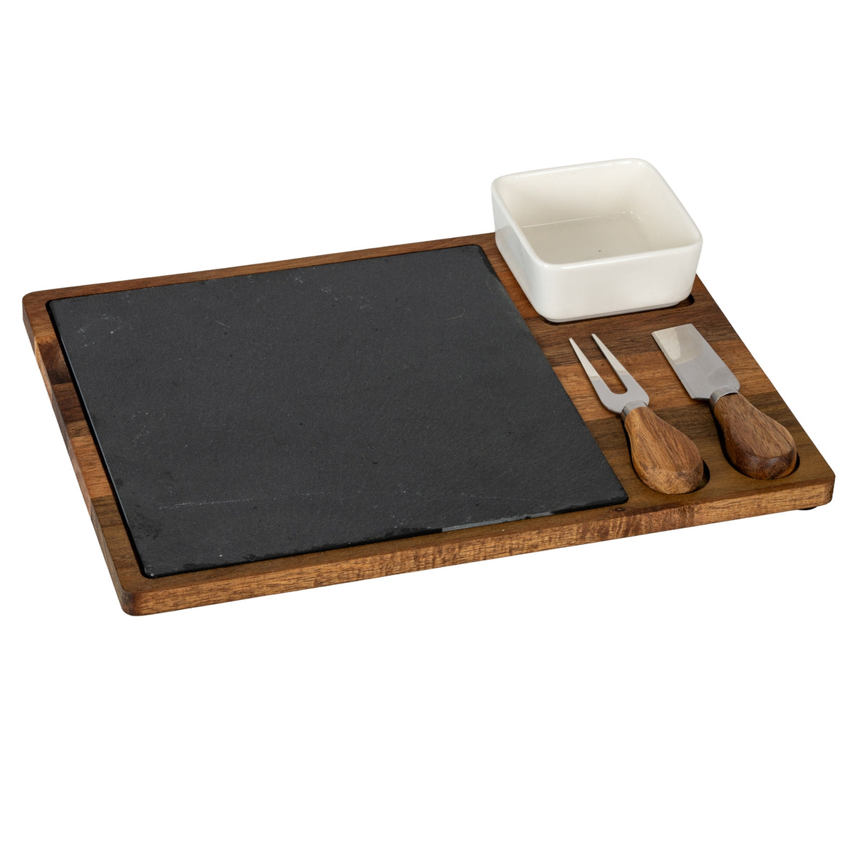 Madeleine Acacia Cheese Board Set With White Bowl, Slate and Cutlery