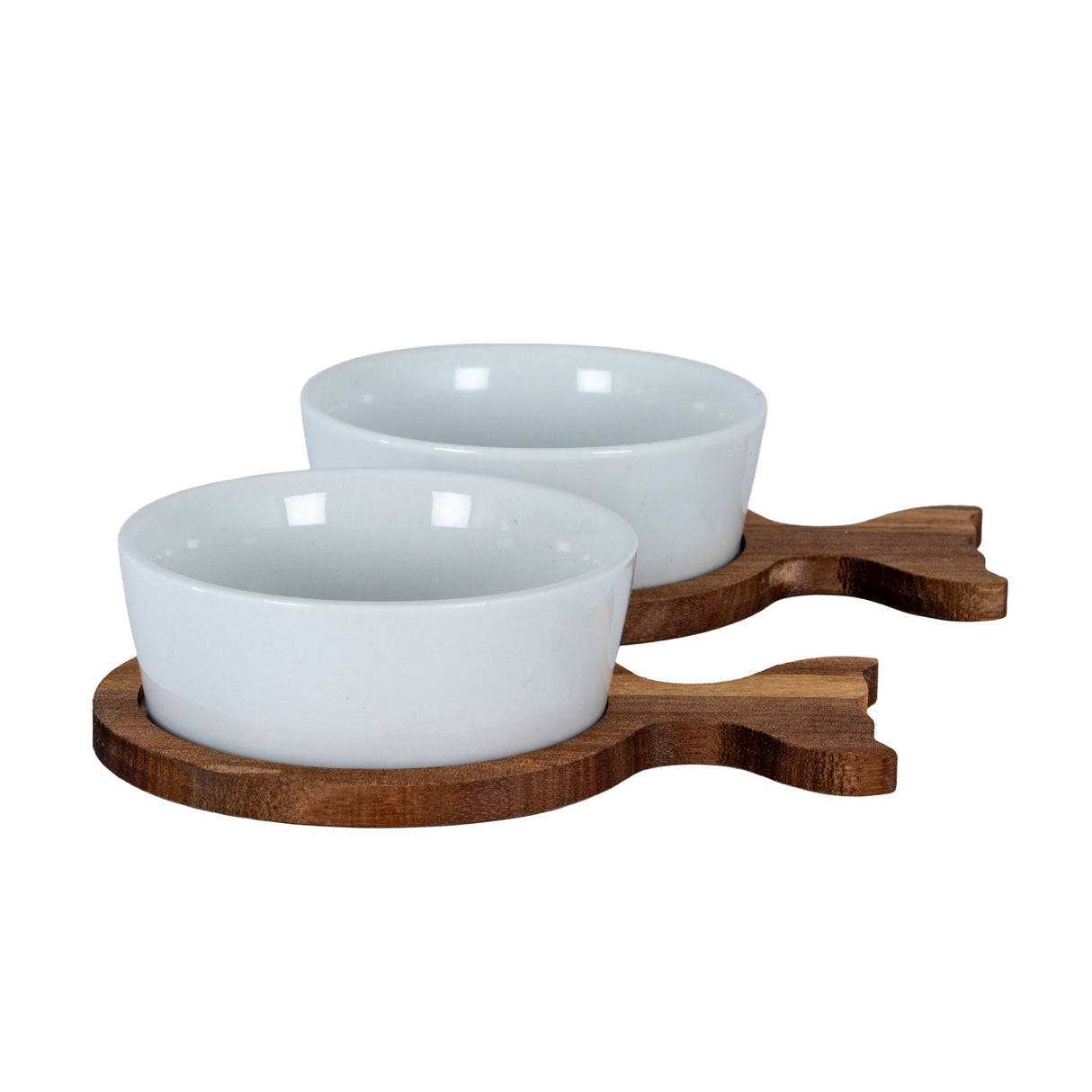 Genevieve Set of 2 Acacia Fishtail Serving Trays With Ceramic Bowls
