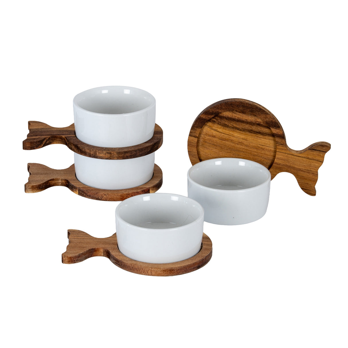 Genevieve Set of 4 Acacia Fishtail Serving Trays With Ceramic Bowls