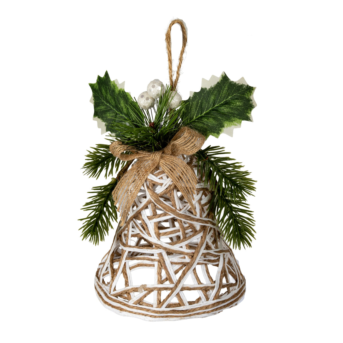 Camille White Rattan Bell Decoration With Branches And Ribbon