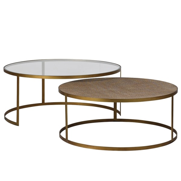 Margot Nest of 2 Aged Gold and Rattan Round Coffee Tables