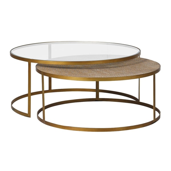 Margot Nest of 2 Aged Gold and Rattan Round Coffee Tables