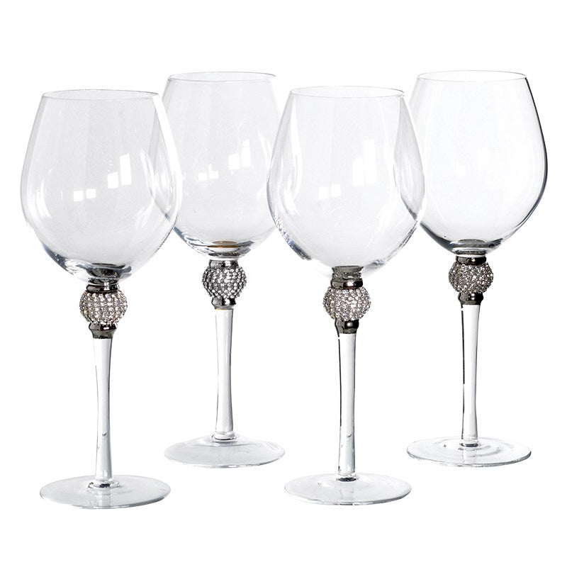 Flavie Set of 4 Silver Diamante Bubble Red Wine Glasses